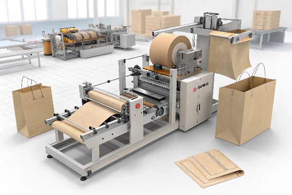 Paper bag making machine in operation