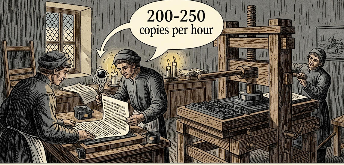 manual printing press Gutenberg era slow production