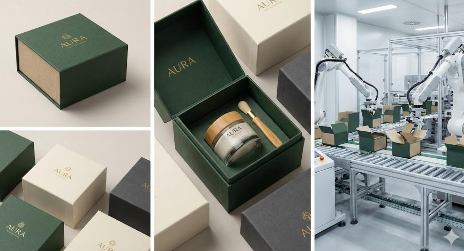 Premium sustainable rigid box packaging for luxury cosmetics manufactured by automatic machines