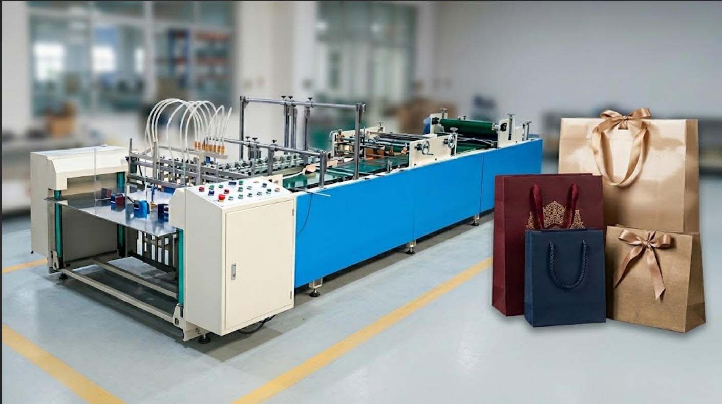 Máquina semiautomática de bolsas de papel Kylin — vista lateral con estaciones de plegado y unidades de cola